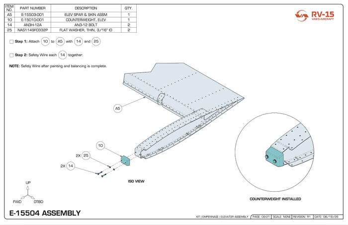 The new counterweight (above) compared to the counterweight that may have been shipped to very early tail-kit builders (below). The updated part is shorter and requires new hardware for mounting.